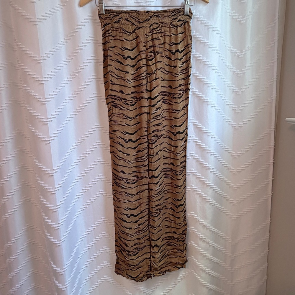 WeWoreWhat Tiger Print Wide Leg Pants XS Smocked Waist Tan Black Animal Print